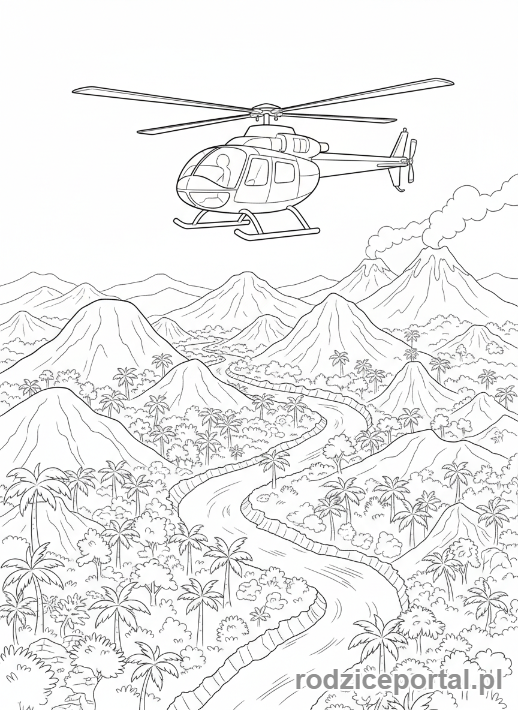 Kolorowanka Jurassic World - Helikopter latający nad wyspą