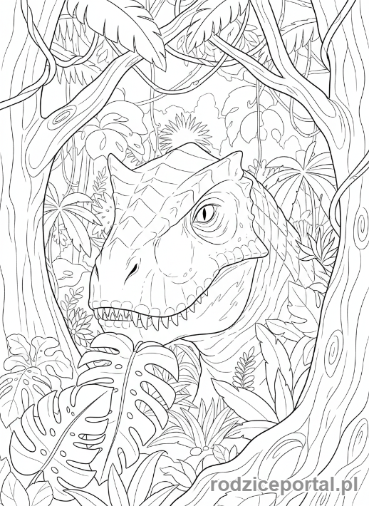 Kolorowanka Jurassic World - Indominus Rex ukryty wśród drzew