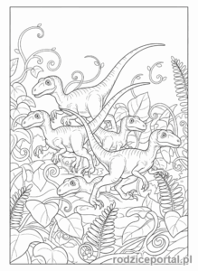 Kolorowanka Jurassic World - Kompsognaty polujące w grupie