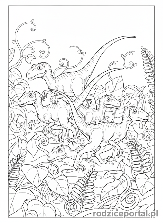 Kolorowanka Jurassic World - Kompsognaty polujące w grupie