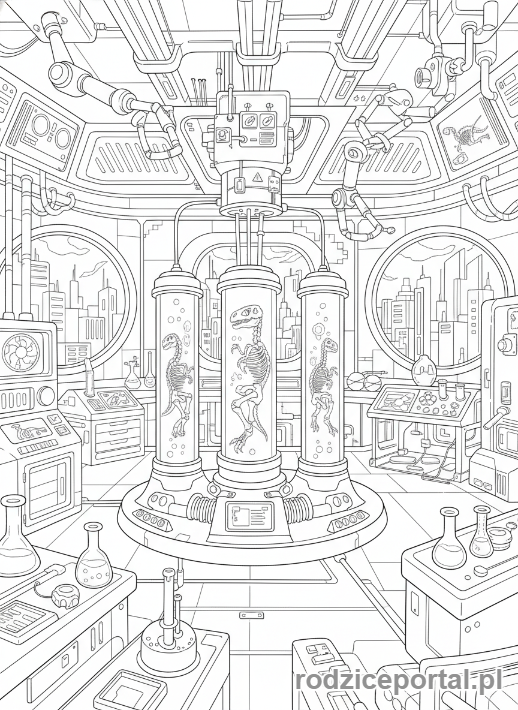 Kolorowanka Jurassic World - Laboratorium klonowania dinozaurów