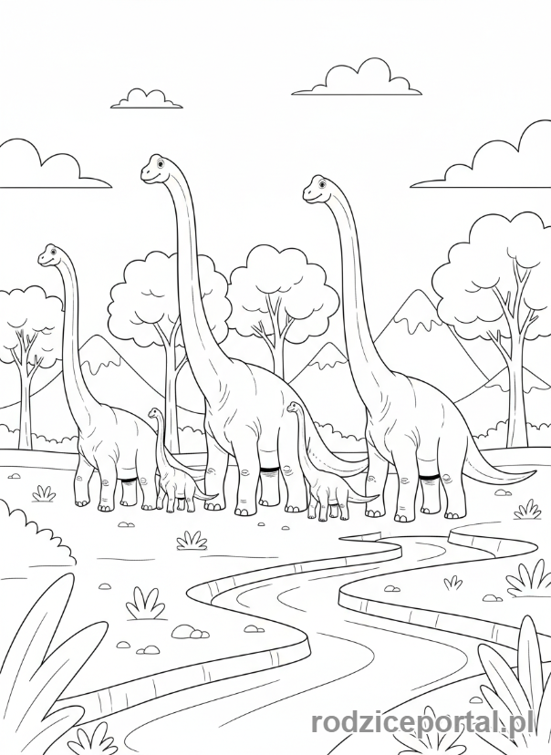 Kolorowanka Jurassic World - Majestatyczne Brachiozaury na tle krajobrazu