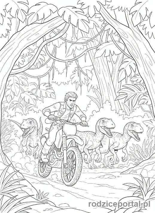 Kolorowanka Jurassic World - Owen Grady jeżdżący na motocyklu