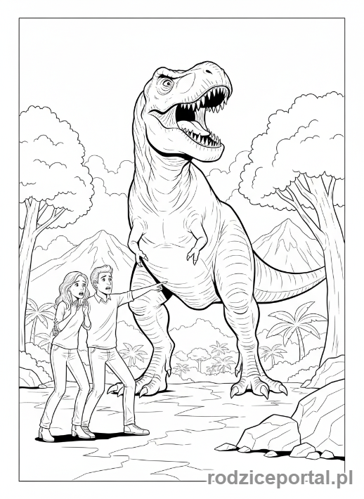 Kolorowanka Jurassic World - Owen i Claire patrzący na T-Rexa
