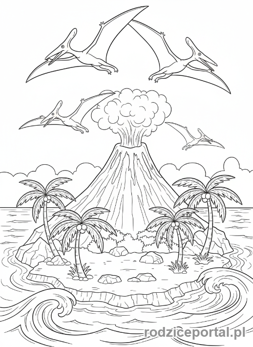 Kolorowanka Jurassic World - Pteranodony latające nad wulkanem