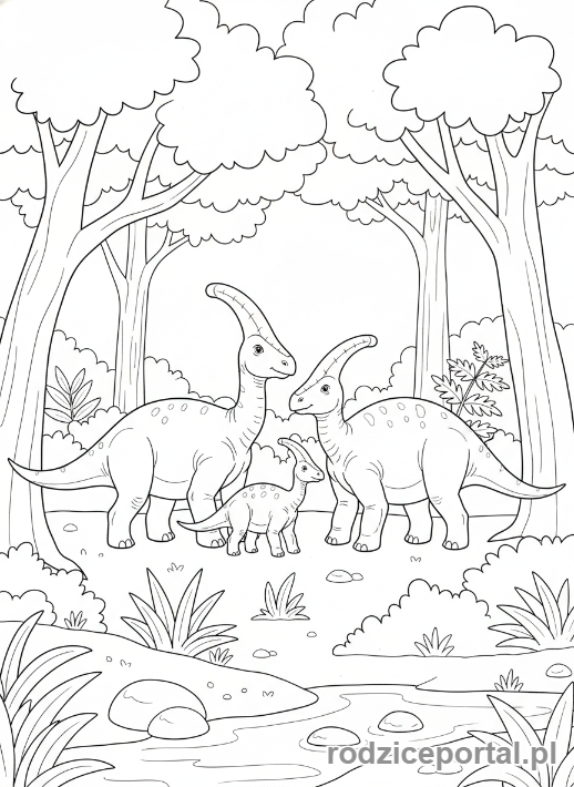 Kolorowanka Jurassic World - Stado Parazaurolofów w lesie