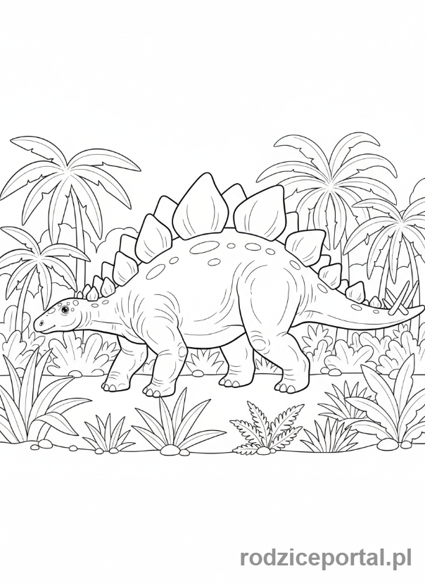 Kolorowanka Jurassic World - Stegozaur spacerujący po dżungli