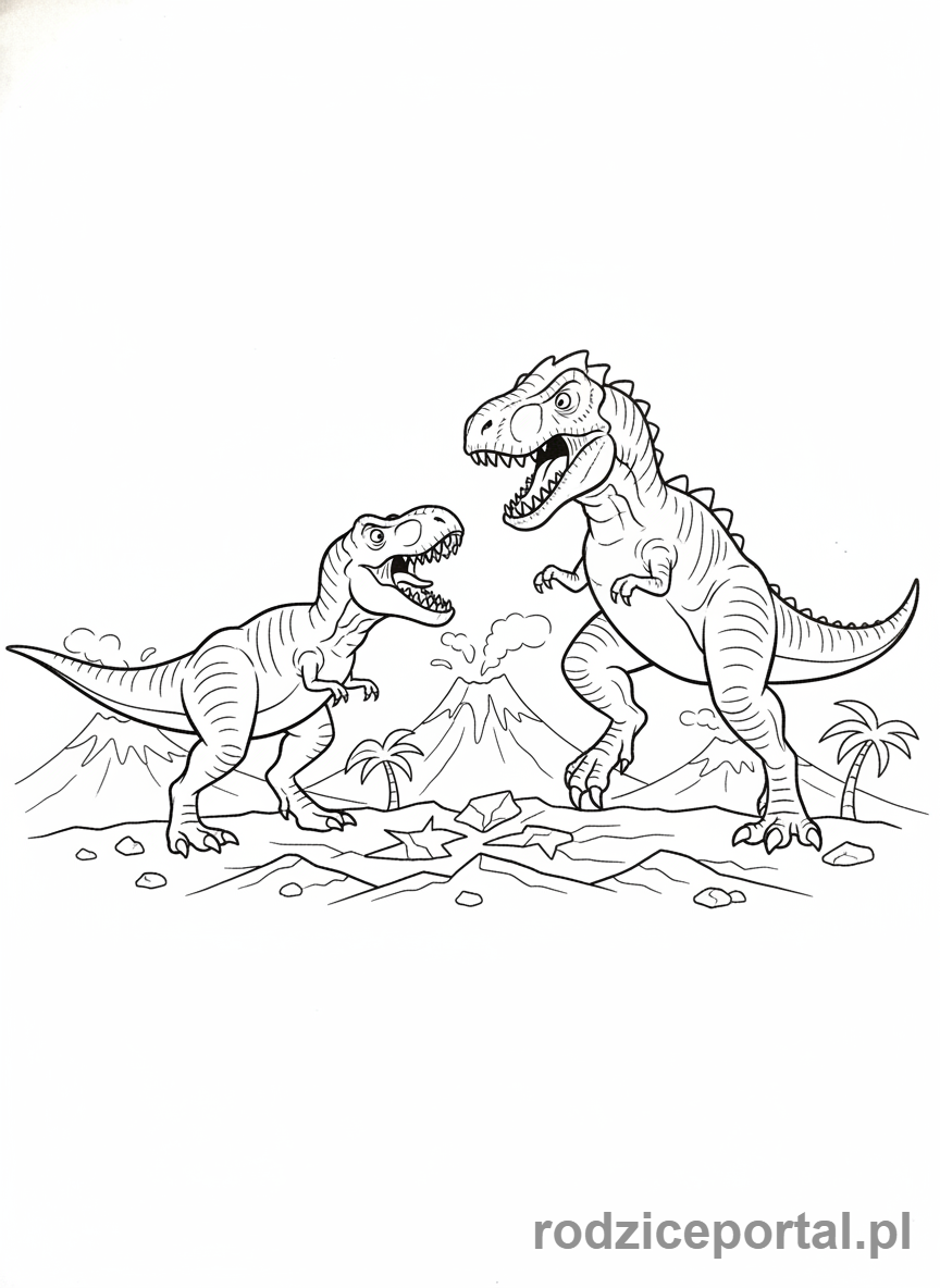 Kolorowanka Jurassic World - T-Rex i Indominus Rex walczące