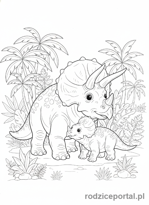Kolorowanka Jurassic World - Triceratops z młodym w lesie