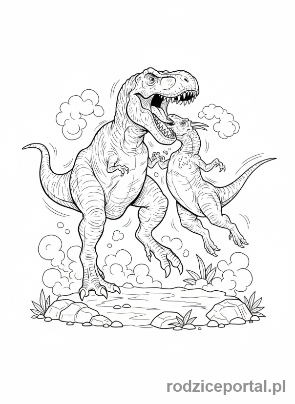 Kolorowanka Jurassic World - Tyranozaur Rex łapiący kozaura