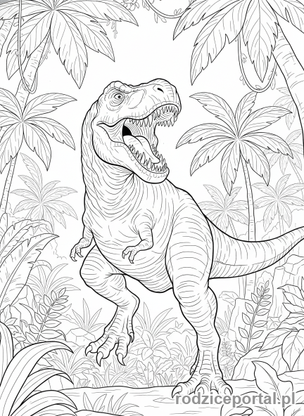 Kolorowanka Jurassic World - Tyranozaur Rex ryczący w dżungli