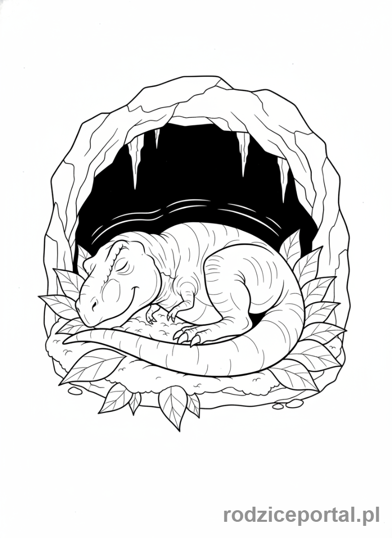 Kolorowanka Jurassic World - Tyranozaur Rex śpiący w jaskini
