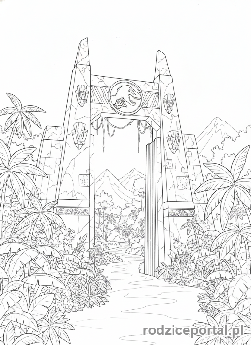 Kolorowanka Jurassic World - Wejście do Jurassic World z bramą