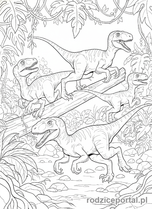 Kolorowanka Jurassic World - Welociraptory polujące w stadzie