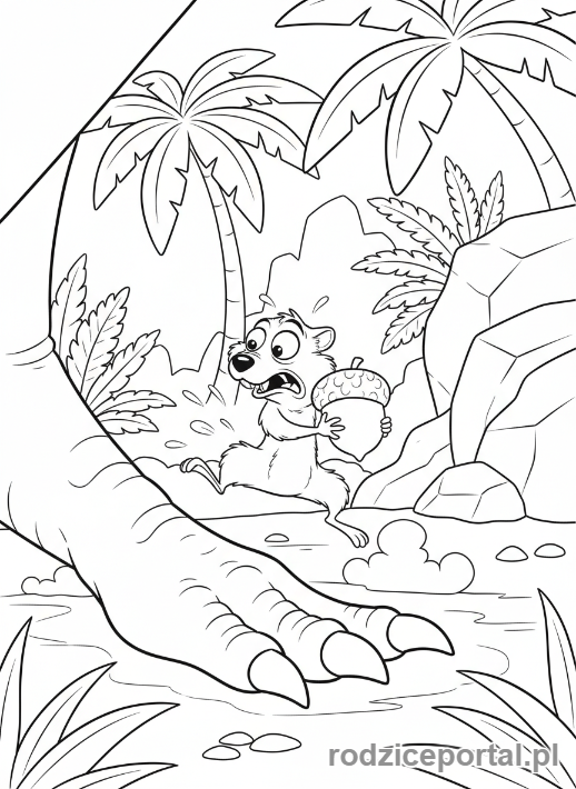 Kolorowanka Jurassic World - Wiewiórka (Scrat) wśród dinozaurów