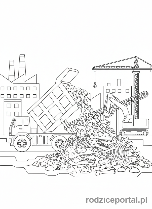 Kolorowanka Jurassic World - Wywrotka zrzucająca kości dinozaurów