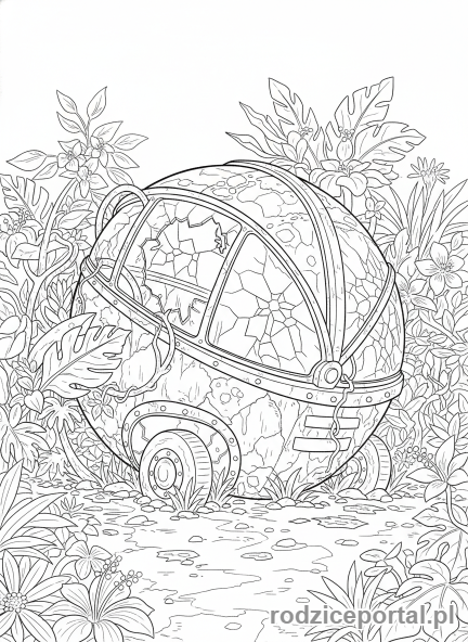 Kolorowanka Jurassic World - Zniszczona gyrosfera w dżungli