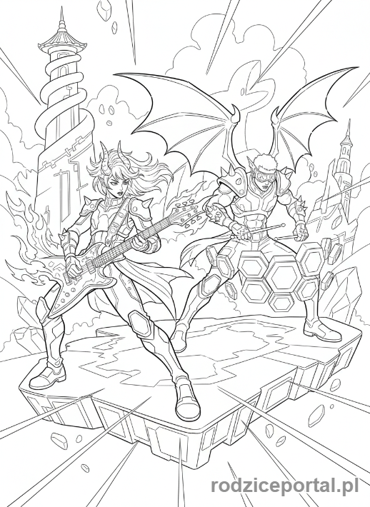 Kolorowanka K-popowe Łowczynie Demonów - Członkinie zespołu grające na instrumentach K-popowych