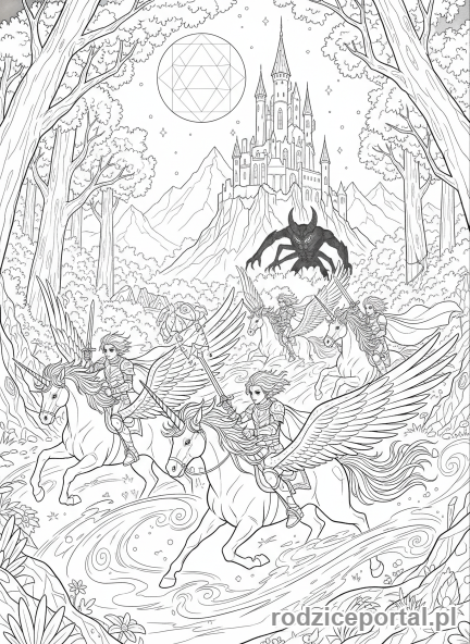Kolorowanka K-popowe Łowczynie Demonów - Grupa Łowczyń K-popowych na koniach-jednorożcach