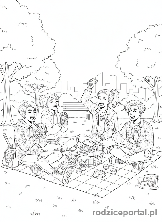 Kolorowanka K-popowe Łowczynie Demonów - Grupa Łowczyń K-popowych na pikniku