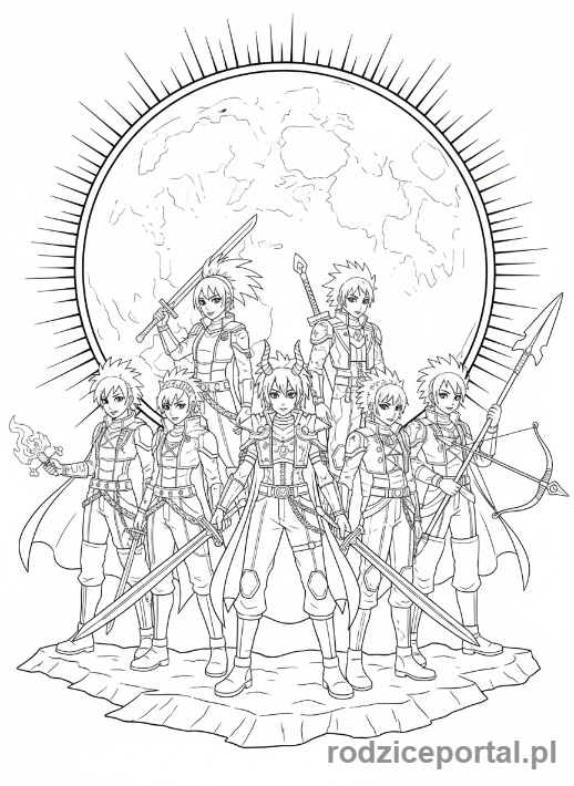 Kolorowanka K-popowe Łowczynie Demonów - Grupa Łowczyń K-popowych na tle księżyca