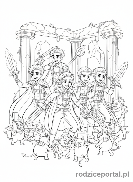 Kolorowanka K-popowe Łowczynie Demonów - Grupa Łowczyń K-popowych otoczona małymi, zabawnymi demonami