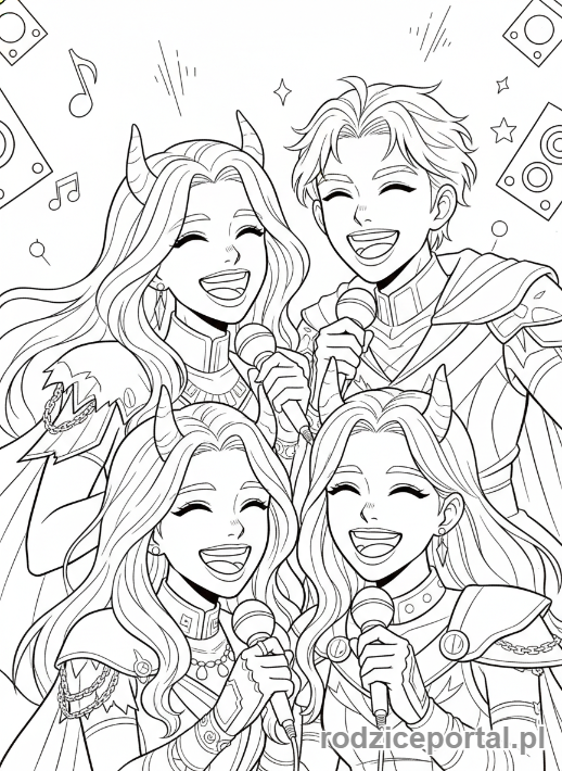 Kolorowanka K-popowe Łowczynie Demonów - Grupa Łowczyń K-popowych śpiewająca w harmonii