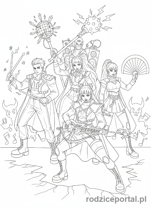 Kolorowanka K-popowe Łowczynie Demonów - Grupa Łowczyń K-popowych z instrumentami bojowymi