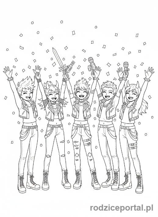 Kolorowanka K-popowe Łowczynie Demonów - Grupa Łowczyń świętująca zwycięstwo