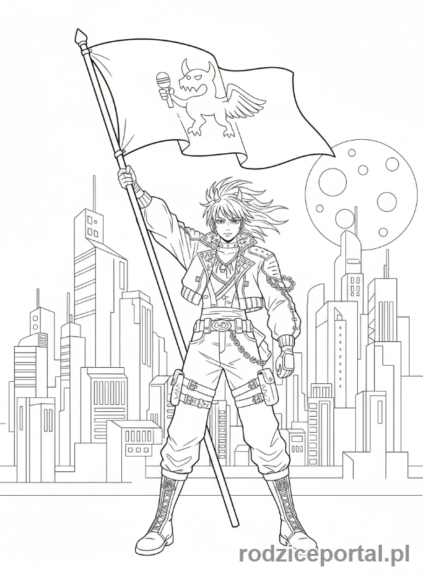 Kolorowanka K-popowe Łowczynie Demonów - Liderka Łowczyń z dumą wznosząca sztandar