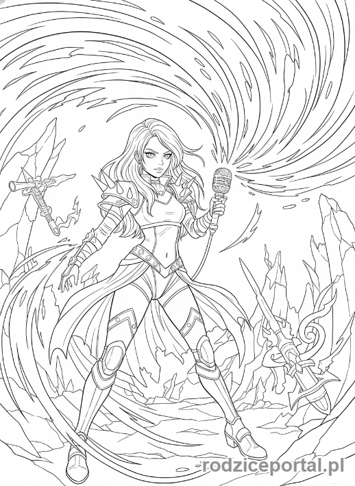 Kolorowanka K-popowe Łowczynie Demonów - Liderka rzucająca zaklęcie dźwięku z mikrofonu