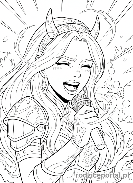 Kolorowanka K-popowe Łowczynie Demonów - Liderka w trakcie śpiewania z zamkniętymi oczami