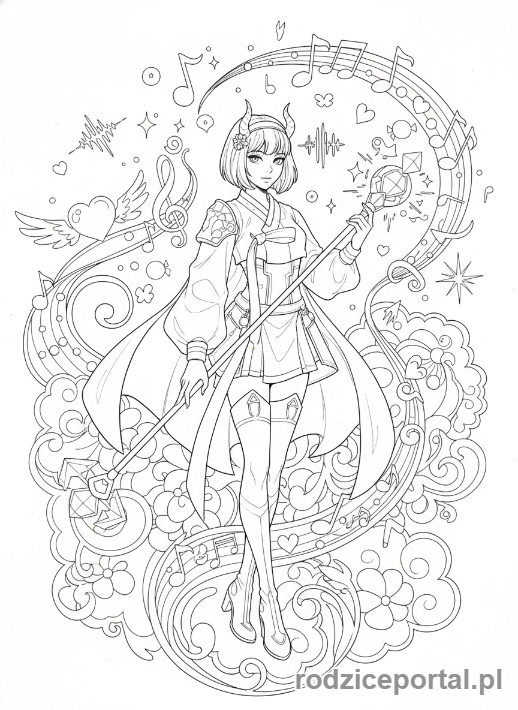 Kolorowanka K-popowe Łowczynie Demonów - Łowczyni K-popowa otoczona przez latające noty muzyczne