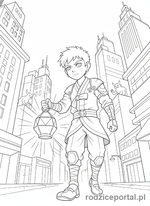 Kolorowanka K-popowe Łowczynie Demonów - Łowczyni K-popowa patrolująca ulicę z latarnią