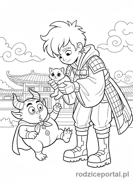 Kolorowanka K-popowe Łowczynie Demonów - Łowczyni K-popowa ratująca kotka od demona