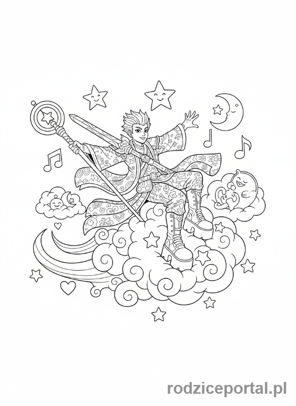 Kolorowanka K-popowe Łowczynie Demonów - Łowczyni K-popowa ujeżdżająca magiczną chmurę