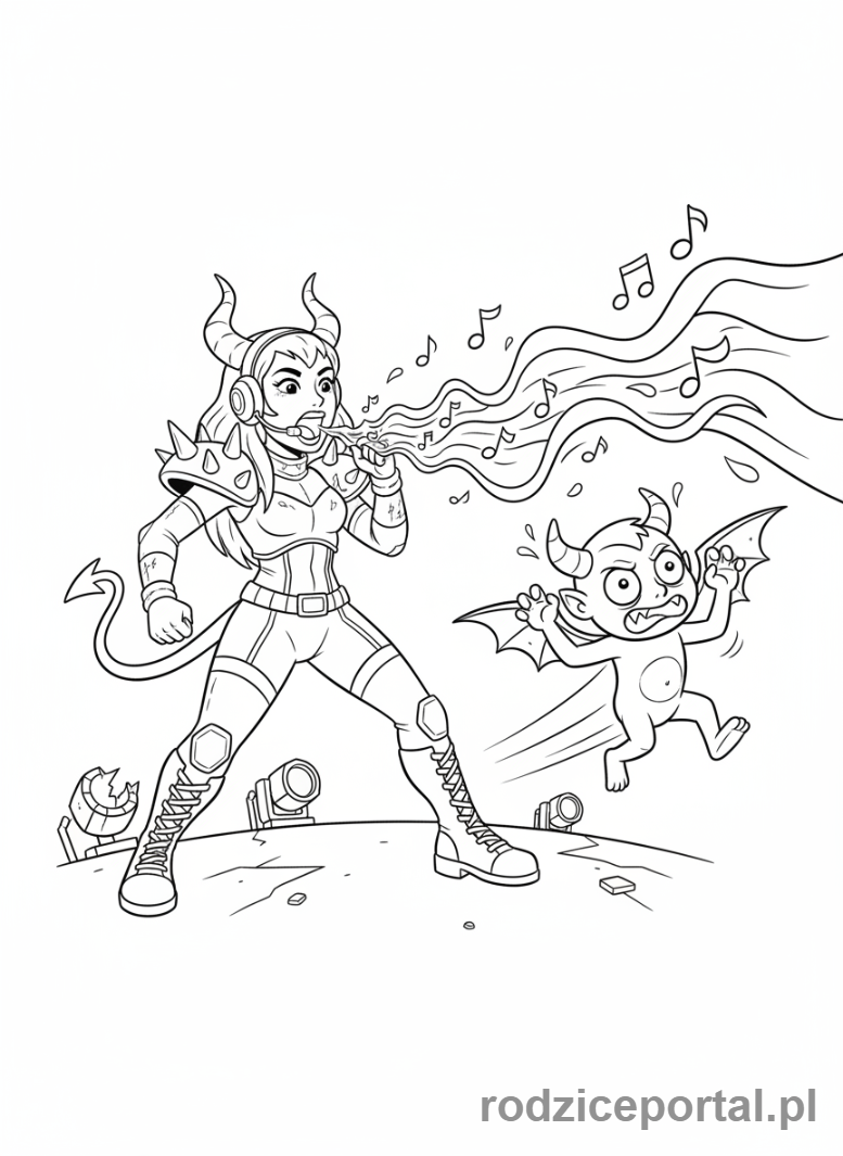 Kolorowanka K-popowe Łowczynie Demonów - Łowczyni K-popowa walcząca z małym demonem muzyczną falą