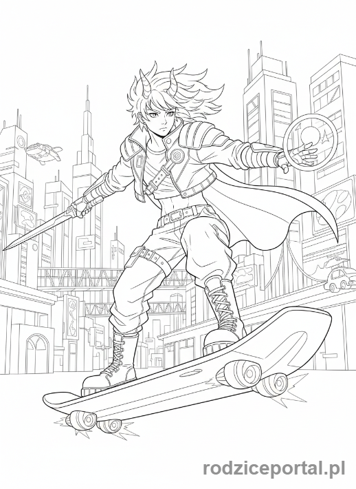 Kolorowanka K-popowe Łowczynie Demonów - Łowczyni K-popowa z latającą deskorolką