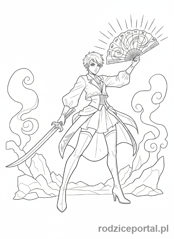 Kolorowanka K-popowe Łowczynie Demonów - Łowczyni K-popowa z mieczem i magicznym wachlarzem