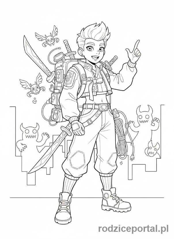 Kolorowanka K-popowe Łowczynie Demonów - Łowczyni K-popowa z plecakiem pełnym gadżetów