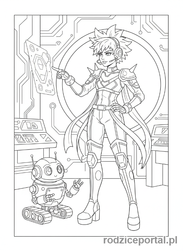 Kolorowanka K-popowe Łowczynie Demonów - Łowczyni K-popowa z robotem pomocniczym