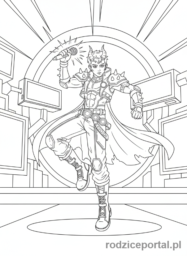 Kolorowanka K-popowe Łowczynie Demonów - Łowczyni tańcząca z mikrofonem na futurystycznej scenie