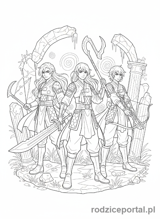 Kolorowanka K-popowe Łowczynie Demonów - Łowczynie K-popowe pozujące na tle ruin