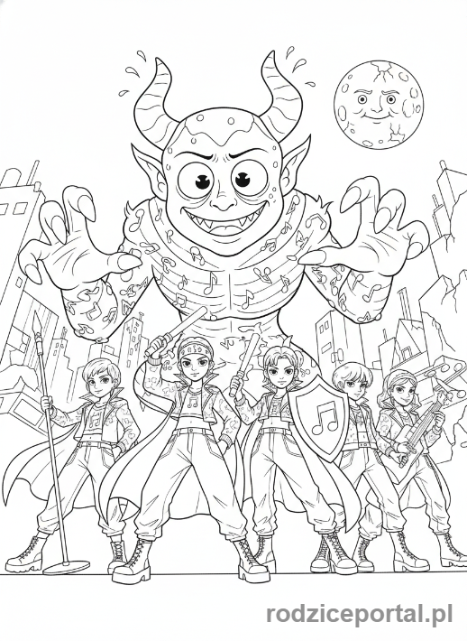 Kolorowanka K-popowe Łowczynie Demonów - Łowczynie K-popowe stawiające czoła gigantycznemu, komicznemu demonowi