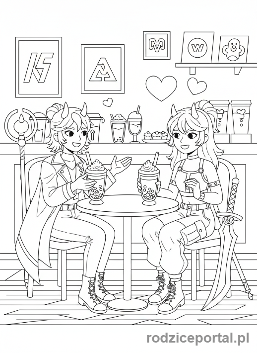 Kolorowanka K-popowe Łowczynie Demonów - Łowczynie K-popowe w kawiarni w stylu K-pop