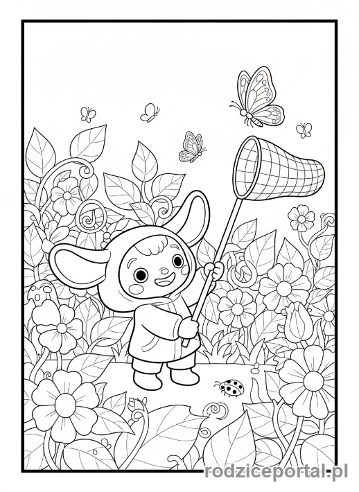 Kolorowanka Kolorowanki Labubu Do Druku - Labubu łapiący motyla w siatkę, delikatna scena