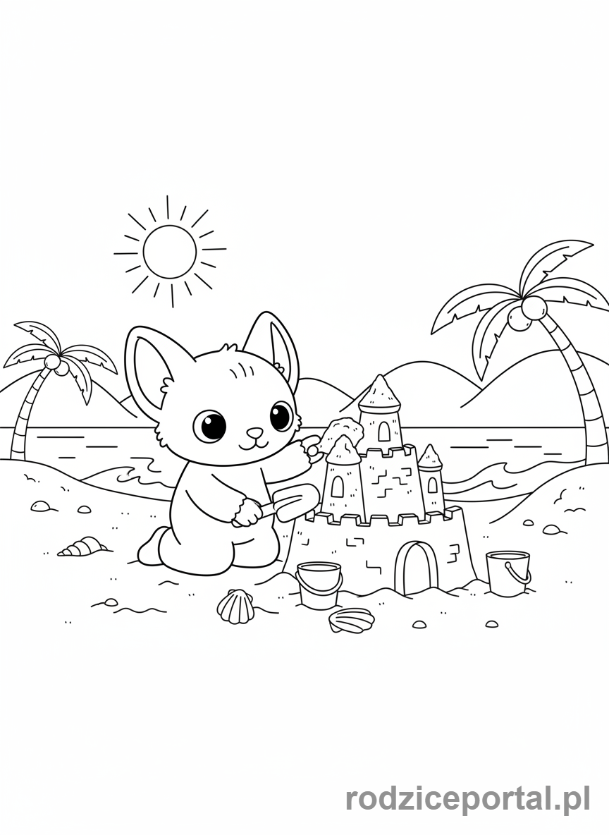 Kolorowanka Kolorowanki Labubu Do Druku - Labubu budujący zamek z piasku na plaży