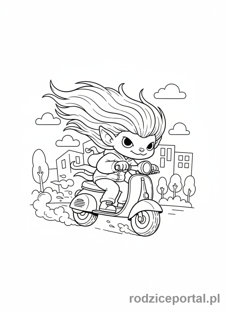 Kolorowanka Kolorowanki Labubu Do Druku - Labubu jeżdżący na hulajnodze, wiatr we włosach
