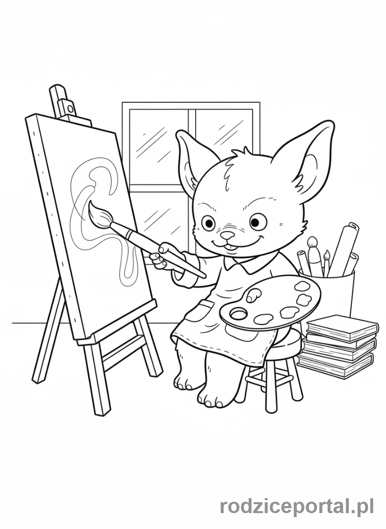 Kolorowanka Kolorowanki Labubu Do Druku - Labubu malujący obraz pędzlem i paletą