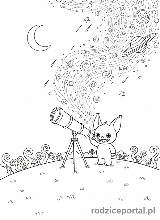 Kolorowanka Kolorowanki Labubu Do Druku - Labubu oglądający gwiazdy przez teleskop nocą